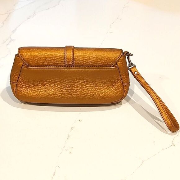Talbot's Metallic Gold Pebbled Leather Wristlet Clutch Bag Silver Hardware - Picture 4 of 11
